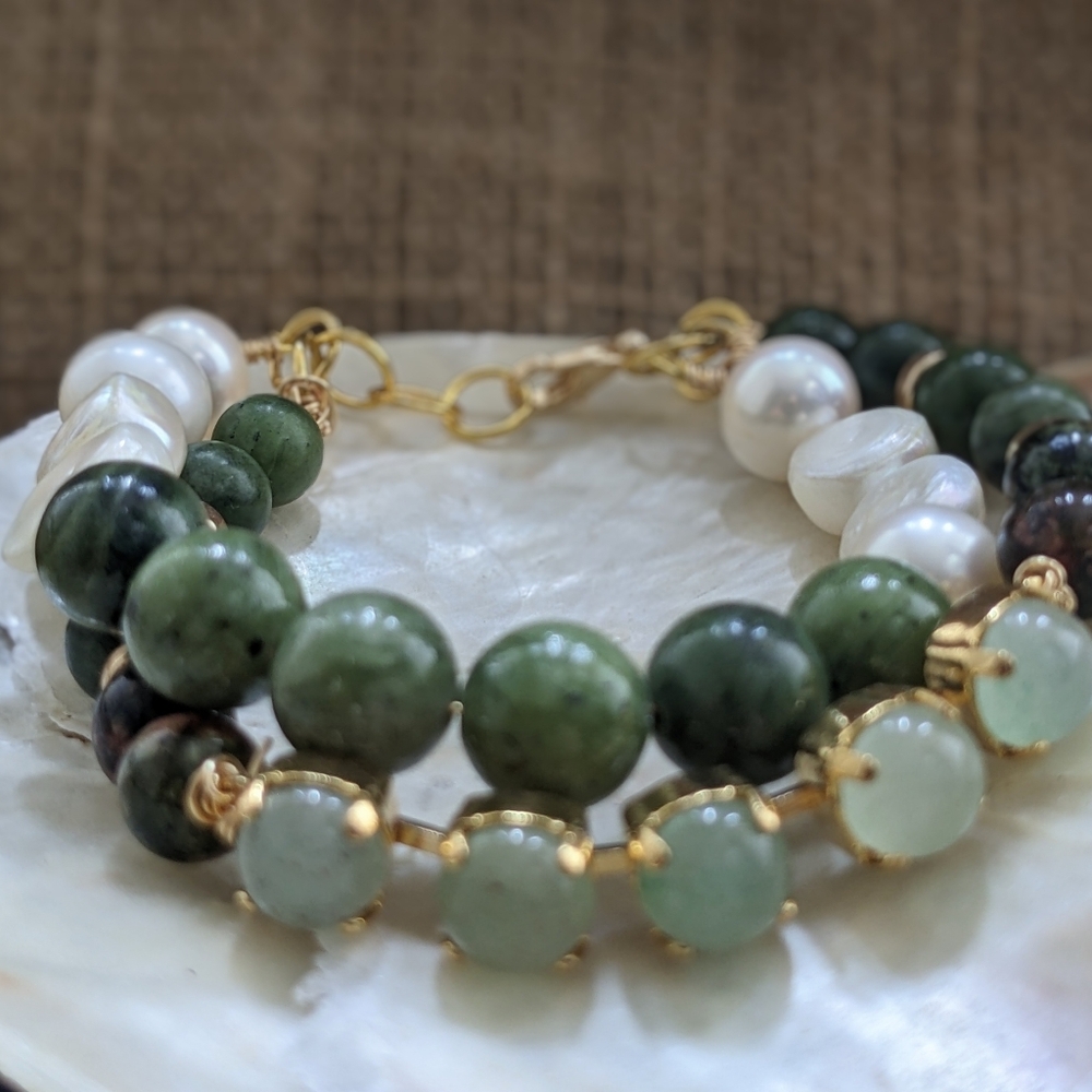 Jade Nephrite Green And Baroque Pearls Two Strand Bracelet